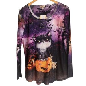 Oneworld‎ NEW Purple Halloween Cat Pumpkin Long Sleeve Tunic Top Sz L